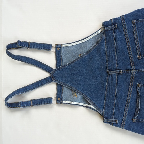 Distressed Embroidered Floral Jean Short Overalls M Blue Y2K Shortalls - Picture 9 of 14